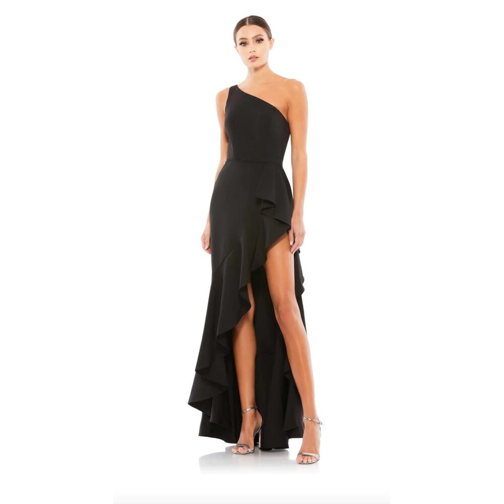 IEENA for Mac Duggal One Shoulder High Slit Ruffle Gown Dress Black 49089 Size 6